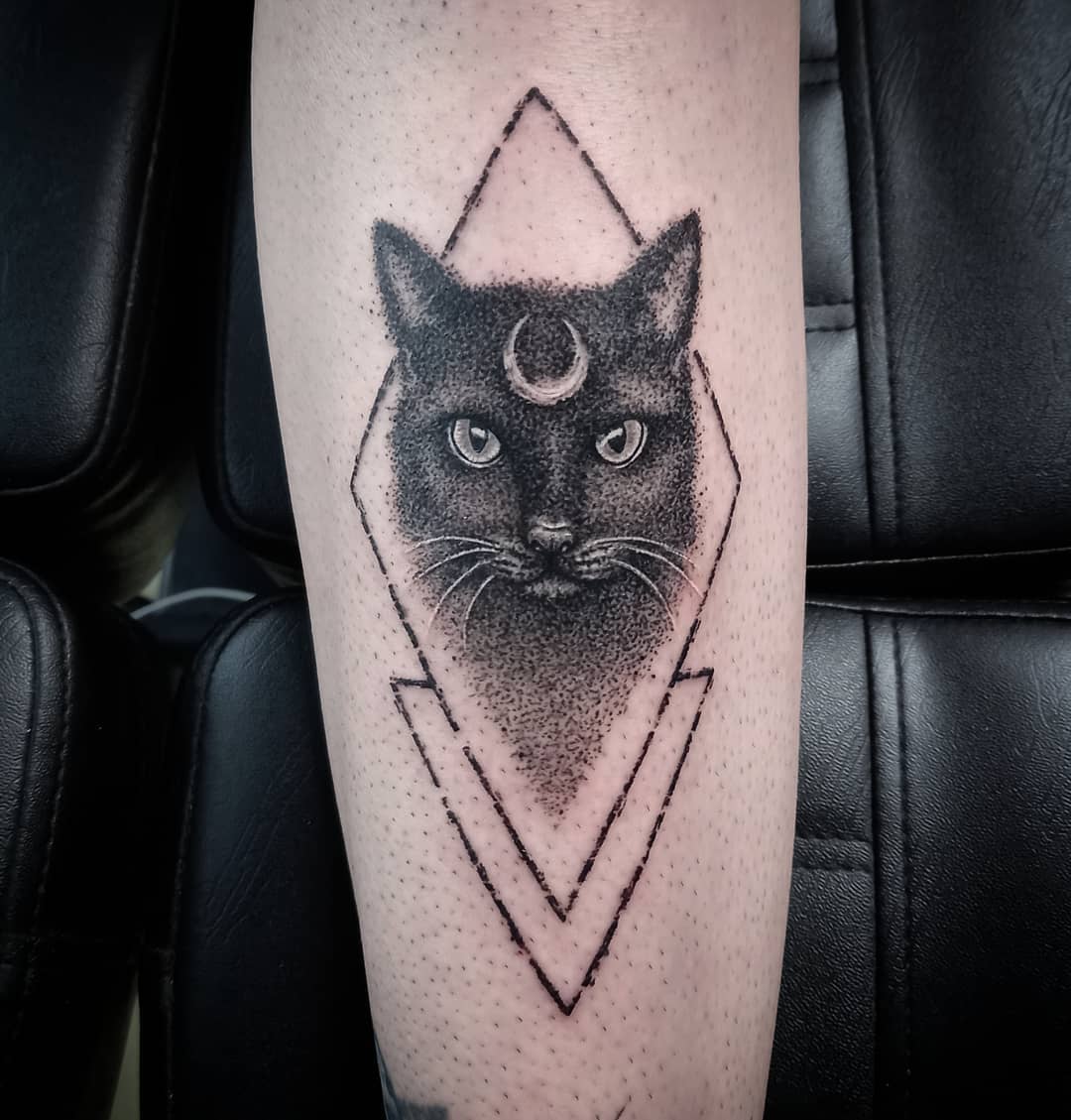 Kočka s půlměsícem v geometrickém rámu